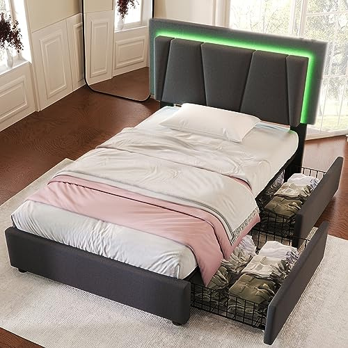 Kehun Polsterbett 90x200 cm, Einzelbett mit LED-Kopfteil, Stauraumbett 2 Stauraum Schubladen,Lattenrost aus Holz, Modern Bett Bettgestell aus Metallrahmen, Leinen, Grau, Ohne Matratze