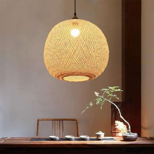 JOJOM Handgemachte Natürliche Bambus Hängelampe Retro Bamboo and Rattan Hand-Woven Pendant Lamp Height Adjustable E27 Pendant Lamp Living Room Bedroom Dining Room Kitchen