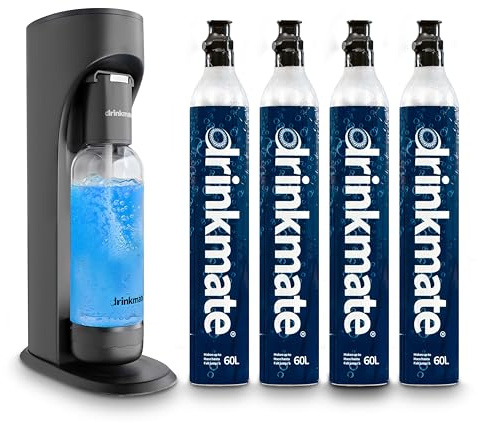 Drinkmate OmniFizz Sparkling Water Maker & Soda Streaming Machine | Carbonates Any Drink | PREMIUM KIT | Includes Four 60L CO2 Cartridges + One BPA-Free Bottle (Matte Black)
