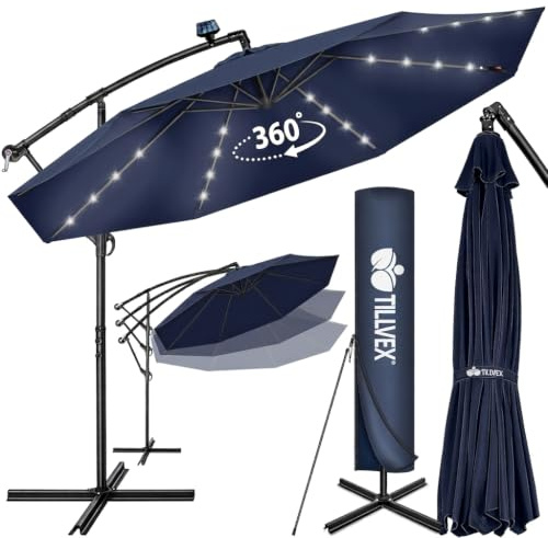tillvex® Sonnenschirm Solar Ø 300/350 cm + Abdeckung & LED Beleuchtung | Ampelschirm mit Kurbel & Ständer | Gartenschirm Aluminium UV50+ | Alu Kurbelschirm Sonnenschutz Terrasse Garten wasserdicht