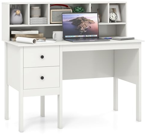 GIANTEX Schreibtisch mit USB-Ladeanschlüssen, Computertisch 120 cm, mit Schubladen und 5 Fächern, Arbeitstisch für Büro, Schlafzimmer, Weiß