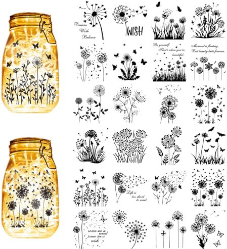 CREATCABIN 24Pcs Dandelion Silhouettes Mason Jar Decor Butterfly Laser Cut Cardboard Scrapbook Cutouts Die Cuts PVC for Crafting Lantern Jars Wall Painting Window Glass Phones 3.9x3.5Inch-No Sticker
