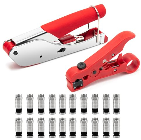 Kompressionszange Set,F Typ Crimpzange Abisolierwerkzeug RG59/RG6 mit 20 Stück RG6 Kompression F Stecker,Rotierende Abisolierzangen für SAT Kabel,Koaxialkabel