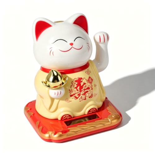 Jwthee Winkende Gl¨¹ckskatze mit Arm, Solar-Gl¨¹ckskatze, viel Gl¨¹ck, Reichtum, einladende Katzen, niedliche Winkekatze, gl¨¹ckliche Feng-Shui-Katze, gl¨¹ckliche chinesische Katze f¨¹r (Gelb)