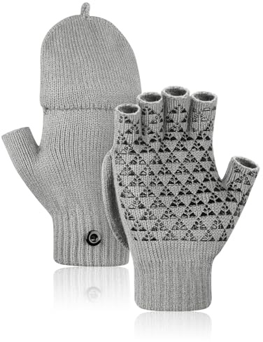 Kiiwah Winter Rutschfester Fingerlose Handschuhe, Unisex Convertible Thermo Halbfinger Handschuhe, Anti-Rutsch Strickhandschuhe für Damen und Herren Fahren Sport Outdoor(Grau)