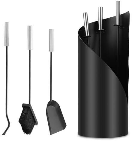Ikodm Kaminbesteck Set 4-teiliges, Kaminzubehör mit Besen, Schaufel, Eisenhaken, Ständer, Modern Design Kaminwerkzeug, Ofenbesteck Kamingarnitur mit Edelstahlgriffe