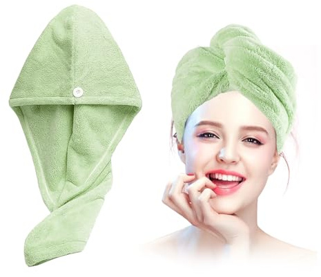 Xkzhrr Mikrofaser Handtuch Haare Turban, 2 Stück Microfiber Towel Hair, Turban Handtuch mit Knopf, Kopftuch Handtuch für Lange Haar, Super saugfähig,Schnell trocknendes Mikrofaser-Handtuch (Grün)