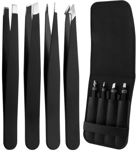 Set di 4 Pinzette Professionali Nere Rikans - Pinzette in Acciaio Inox di Alta Qualità con Custodia Pratica - Ideali per Sopracciglia, Peli Incarniti, Schegge e Applicazione di Ciglia Finte