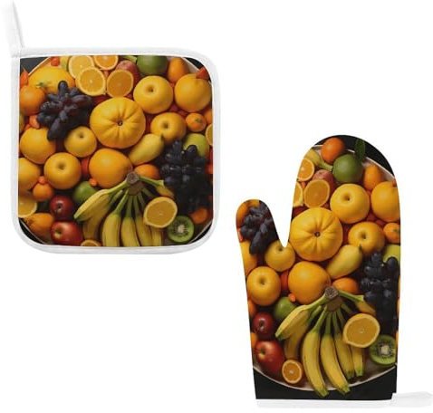 A Lot of Fruit Oven Mitts and Pot Holders Set Heat Resistant Kitchen Oven Glove Insulated Potholders with Hanging Loop Non-Slip Cooking Gloves for Baking Grilling