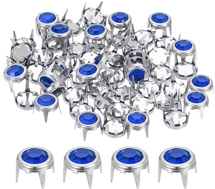 QUARKZMAN 60pz Borchie Strass, 6mm Piedini per Borse Rivetti Decorativi Rotondi Perline Cristallo Punk per Fai Da Te Pelle Tessuto Vestiti Cinture Zaini Accessori Artigianato, Argento/Blu