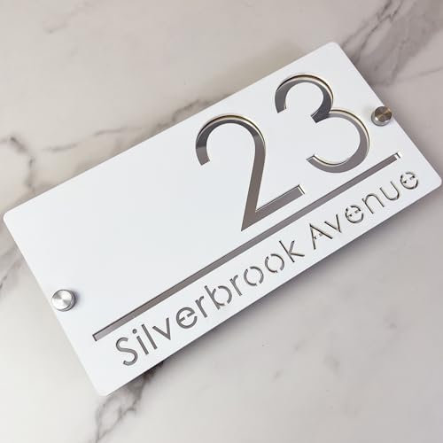 Targa del numero civico all'aperto, Disegno sospeso targa numero civico personalizzata, cartello 3D tagliato al laser acrilico moderno (bianco&argento)