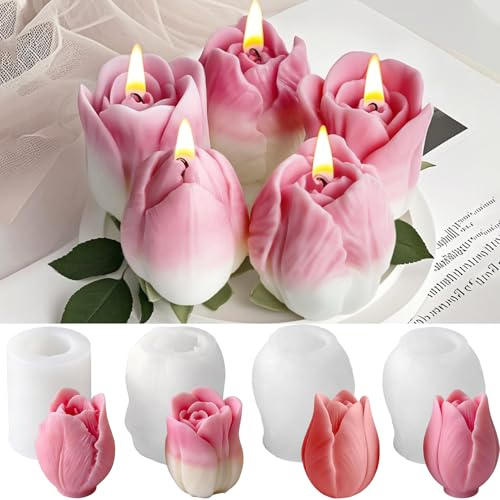 4 Stück Kerzen Formen Silikon,Tulpen Kerzenform,3D Silikonform,Silikonform Blumen,Frühling Kerzen Kerzenformen für Muttertag, Valentinstag, Geburtstagsfeier, DIY-Kunsthandwerk
