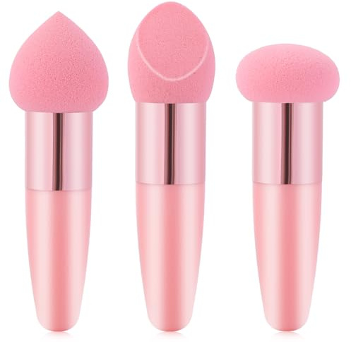 Oruola 3pcs Foundation Applicator,Makeup Sponge with Handle,Different Shapes of Makeup Applicator Sponge, Multipurpose Mushroom Powders Puff Dry & Wet Use for Powder Cream