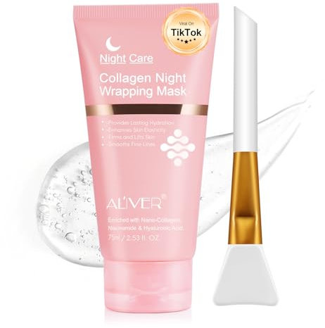 Collagen Night Wrapping Mask, Collagen Face Mask Overnight Peel-Off, Reduces Sagging, Plumper Skin, Deep Moisture & Skin Rejuvenation, 75ml / 2.53 fl. Oz (Brush Included)