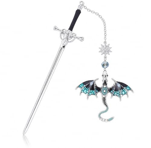 Lesezeichen Metall, Kreatives Lesezeichen Leseseitenmarkierungen, Schwert Bookmark mit Kristall Anhänger, Personalisiertes Geschenke für Leseliebhaber Frauen Männer (Blau 1)