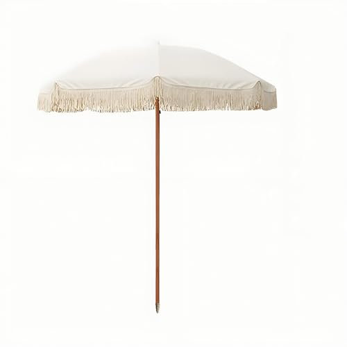 Generisch 200cm Strandschirm mit Fransen, Tragbarer Sonnenschirm für Den Innenhof, UV-Schutz, 8 Fiberglas-Rippen, Holzmast mit Tragetasche