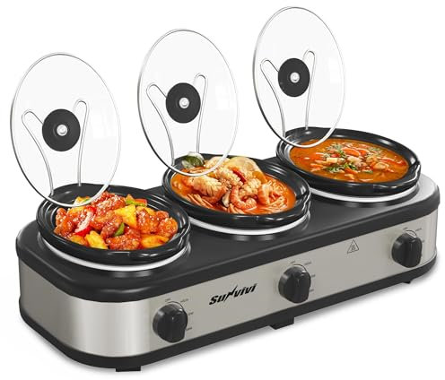 Sunvivi Slow Cooker, Triple Slow Cooker Buffet Server and Food Warmer, 3-Section 1.65L Upgraded Oval Ceramic Pot with Stainless Steel Lid Rests, 3 Spoons, Total 5L
