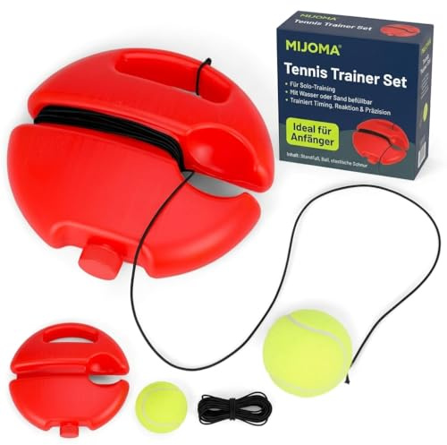 MIJOMA Tennis Trainer Set – Tennis Trainingshilfe mit Ball und elastischer Schnur – Trainingsgerät für Koordination & Schlagtechnik, befüllbarer Standfuß