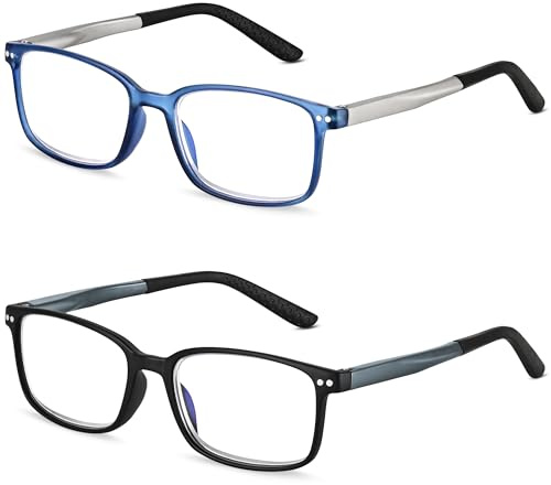 Madison Avenue 2 Pack Lesebrille Herren, TR90 rechteckige Blaulichtfilter Brille mit Federscharnieren, Anti-Glanz Sportliches Computerbrille, schwarz/blau +4.00 Dioptrien