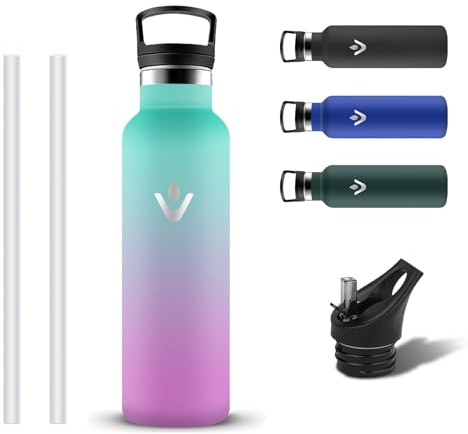 Grsta Botella Agua Acero Inoxidable, Reutilizable Botella Termica 500ml con 2 Tapones, Sin BPA Cantimplora Termica con Pajita y Filtro, Prueba de Fugas Termo para Niños, Senderismo, Viaje, Exterior