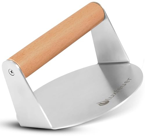 Smash Burgerpresse Edelstahl Ø14 cm mit Holzgriff 20x Antihaftpapier, Profi Burger Smasher für Grill & Pfanne, Hamburgerpresse für saftige Smash Burger, rostfrei und leicht zu reinigen (Burgerpress)