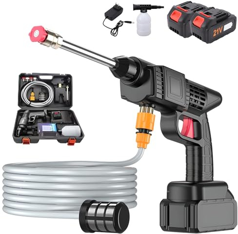 Idropulitrice Portatile A 2 Batterie, Pistola Ad Alta Pressione Senza Fili con 3 Ugelli E Contenitore per Schiuma, Tubo da 10 M, Idropulitrice A Getto per Ogni Tubo da Giardino, Auto, Casa, Prato