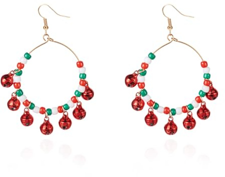Weihnachts-Ohrringe mit Glöckchen, baumelnde Ohrringe für Frauen, rot-grüne Perlen, hypoallergen, Weihnachten, Party, Festival, Schmuck, Geschenke für Freunde, Large, Metall, Kein Edelstein