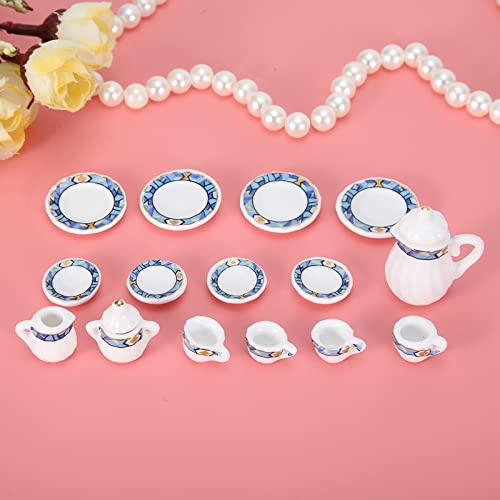Generic Service à thé élégant en Porcelaine, 15 Pièces, Miniature, Décoration de Cuisine Vintage pour Salle à Manger de Maison de Poupée (Figure géométrique Bleue)