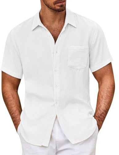 Camisas de lino de manga corta para hombre, camisa casual con botones y bolsillo para verano, playa, casual, con botones, de manga corta, cuello abatible, para uso diario