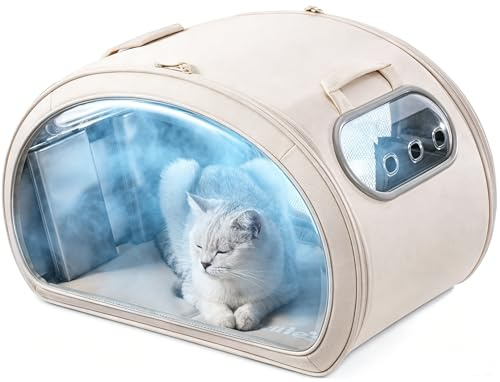 pecute Kylhus för katt, hundhus med kylmatta, inomhus kattbädd med isolering och 6 inbyggda kylpaket, hopfällbart genomskinligt fönster katthus för små medelstora husdjur under 6 kg, beige, M