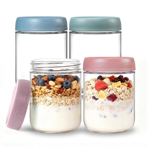 BCnmviku 16oz Einmachgläser mit Schraubdeckel,Overnight Oats Gläser Geeignet für Salat,Marmeladen,Joghurt,Milchshakes,Brei,Getreide (4)