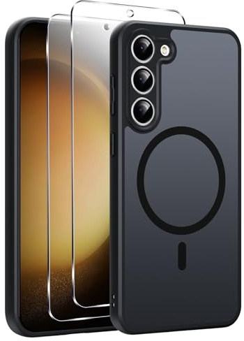 Yxnvixn Magnetic Phone Case for Samsung Galaxy S23 Case with 2 Tempered Glass Screen Protector,Fit for MagSafe,Military-Grade Protection Shockproof,Translucent Matte Back Slim Shockproof Cover Black