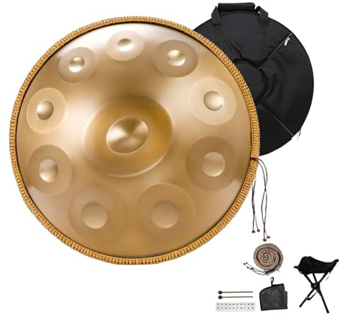Handpan, 9-12 Notes Zungentrommel, Hand Drum In D Minor, 440 Hz/432 Hz Handpan Drum With 9/10/12 Notes, Mit Tasche, Schlägel, Ständer, Für Anfänger, Profis, Musiktherapie(Gold,440HZ/10Note)