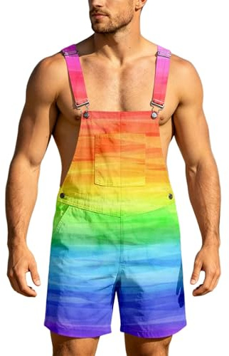 RUMAOZIA Hawaii Männer Hose Pride Outfit Herren Latzhose Herren Kurz Rainbow Print LGBTQ Arbeitslatzhose Bunt Grafik Party Streetwear Funky Kurze Jumpsuit Arbeitshose Vintage Latzhose Overalls