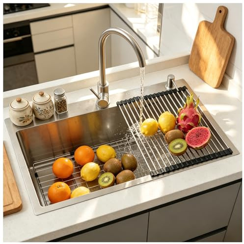 ZQFHSX Évier en Acier Inoxydable, Grand Format, Simple évier avec Panier d'égouttage, pour Cuisine et Bar, Montage sur Meuble Haut/sous-Plan, évier Robuste, Compatible Lave-Vaisselle (ARG