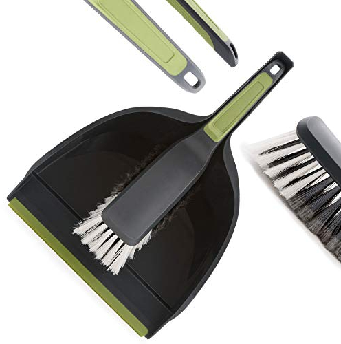CleanPEAK Large Dustpan and Brush Set with Soft Grip Handle, Soft Bristles, Flexible Pan Edge, Grey/Green