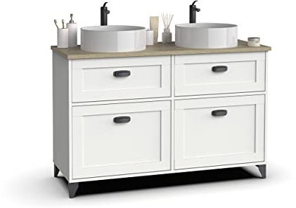 MUEBLES PITARCH | Mueble de Baño Doble 120cm Ancho, con Patas, 2 Cajones guías Cierre Suave, 2 Puertas, para Lavabos de sobreponer, Blanco y Roble Cambrian, Estilo Vintage Modelo Toscana