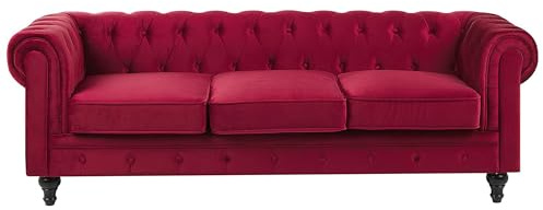 Klassisk Soffa Vinröd Knappar Tuftad 3-sits Sammet Polyester Chesterfield