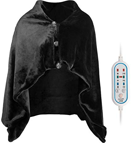 Haokaini Heated Shawl Electric Blanket USB Plush Poncho Wrap Blanket with 3 Heat Level 3 Timer Setting Warm Throw Blanket Cape for Shoulder Neck Relieve Pain Black