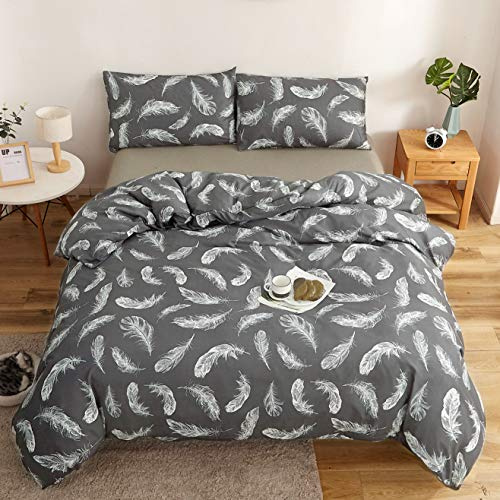 Adam Home Printed Duvet Cover Set (Feather Charcoal Double)- Ultra Soft Printed Quilt Cover Set- 1 Duvet Cover & 2 Pillow Case-Luxurious Brushed Microfiber Comforter Cover Set-Bedding Set
