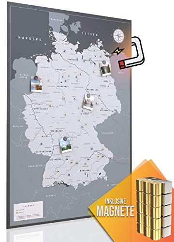 VACENTURES Magnetische Pinnwand Deutschlandkarte XL inkl. 2 x 15 magnetische Pins I Markiere Deine Reiseziele I Sammel Fotos und Magnete I Magnet Poster (DIN A1 84x59cm)