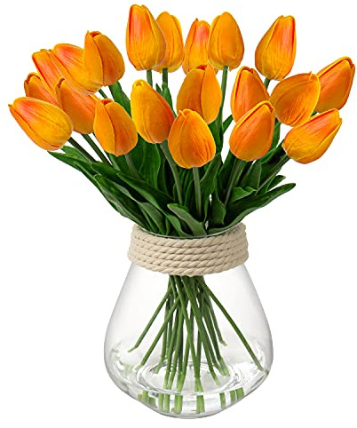 Briful Künstliche Tulpen, fühlen sich echt an, orangefarbene künstliche Blumen, Großpackung, künstliche Tulpen, PU-Latex-Material, Kunstblumen, Hochzeitsstrauß für Garten, Party, Heimdekoration, 10