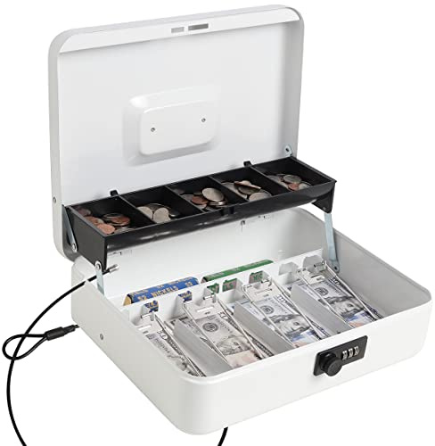 Cash Box with Combination Lock,Durable Metal Cash Box with Money Tray,Lock Box Safe Storage Security Locker with Security Cable,11.8L x 9.5W x 3.5H,White