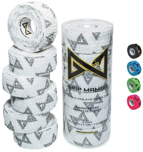 GRIP MAMBA Elastic Athletic Finger Tape, 1”Wide w/Premium Adhesive, Protects Hand Thumb Fingers Enhances Grip, Sleeve Blister Wrap for Sports, Golf, Tennis, Basketball, Pickleball (White, 3 Rolls)