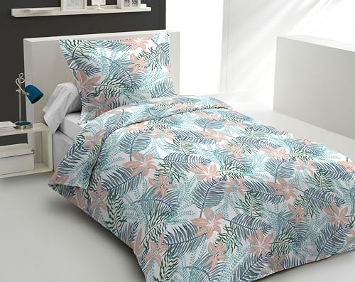 Home Linge Passion | Housse de Couette - 2 Pièces | 100% Coton - 57 Fils | 1 Personnes - 140x200 cm | AMAZONIE Bleu Corail