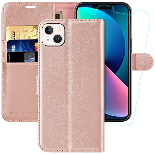MONASAY Wallet Case for iPhone 14 with 3 Card Holders - Rosegold | Kickstand,RFID Blocking,6.6 feet of shock absorption,PU Leather, Strong Magnetic Closure, Fits 6.1 inch ONLY,Protective film