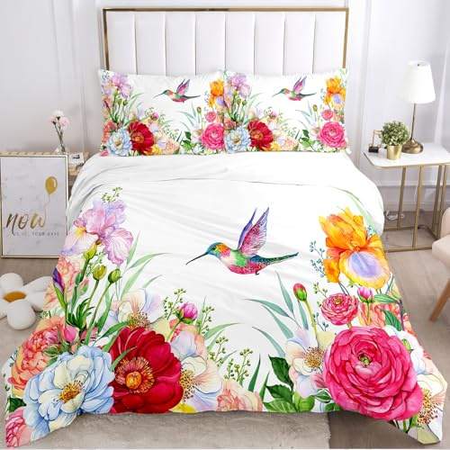 IUNTWEIE Set di biancheria da letto 220 x 240 cm, motivo floreale, uccelli, in microfibra, con chiusura lampo, morbido e piacevole e traspirante (fiori 4, 220 x 240 cm)