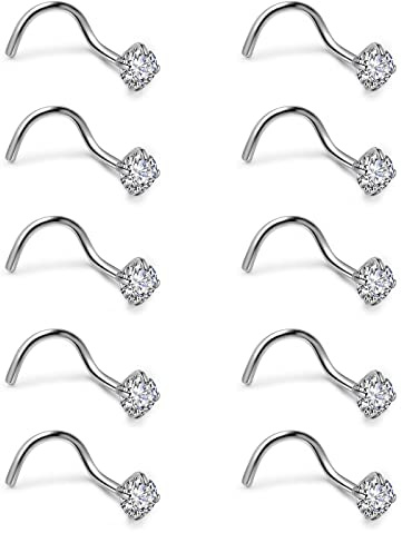 Jovivi Silver Nose Studs 10PCS 20G L Shape Nose Stud Stainless Steel Curved Corkscrew Nose Stud Screw Cubic Zirconia Small Nose Ring Nose Piercing Nose Studs for Women