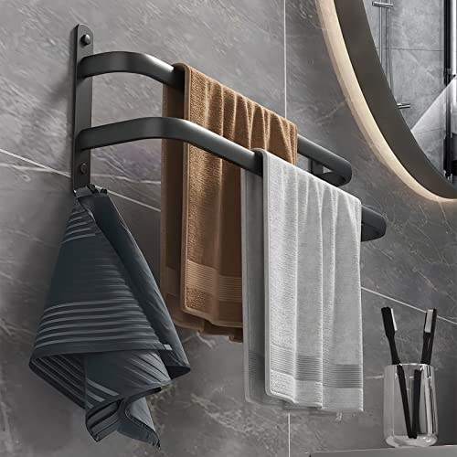 Toalleros de Baño sin Taladro Negro Mate, Barra de Toallas de Aluminio sin taladrar, Toallero Montaje en Pared, Soporte para Toallas de Invitados, toallero con 2 Ganchos, Cocina (40cm-2 Niveles)