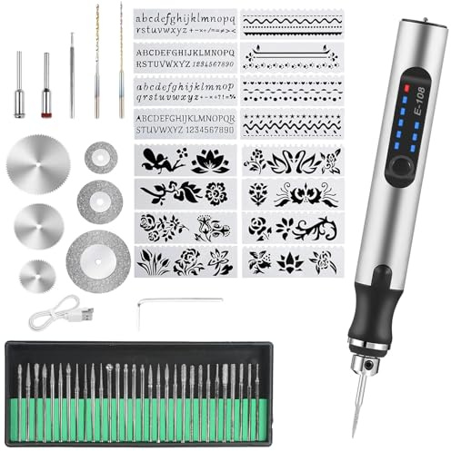 Kit di 60 strumenti elettrici per incisione, penna USB ricaricabile senza fili, mini penna per incisore fai da te, strumento rotativo per fai da te, intaglio, vetro, legno, metallo, pietra, plastica,